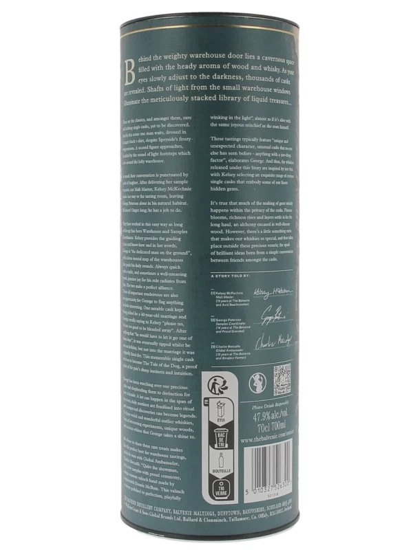 Dos de la boîte du Whisky The Balvenie Curious Cask 18 ans – A La Civette Paris