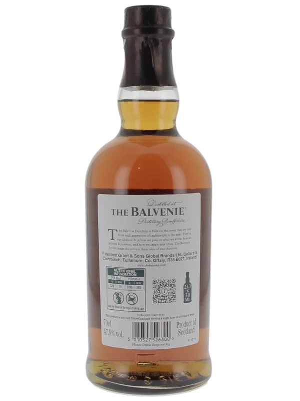 Dos de la bouteille du Whisky The Balvenie Curious Cask 18 ans – A La Civette Paris