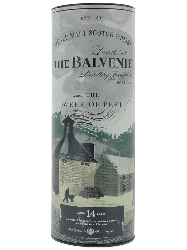 Face de la boîte du Whisky The Balvenie The Week of Peat 14 ans – A La Civette Paris