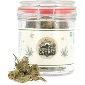 Fleurs de CBD Combet Dream Brut 10g exposées avec flacon – À La Civette Paris