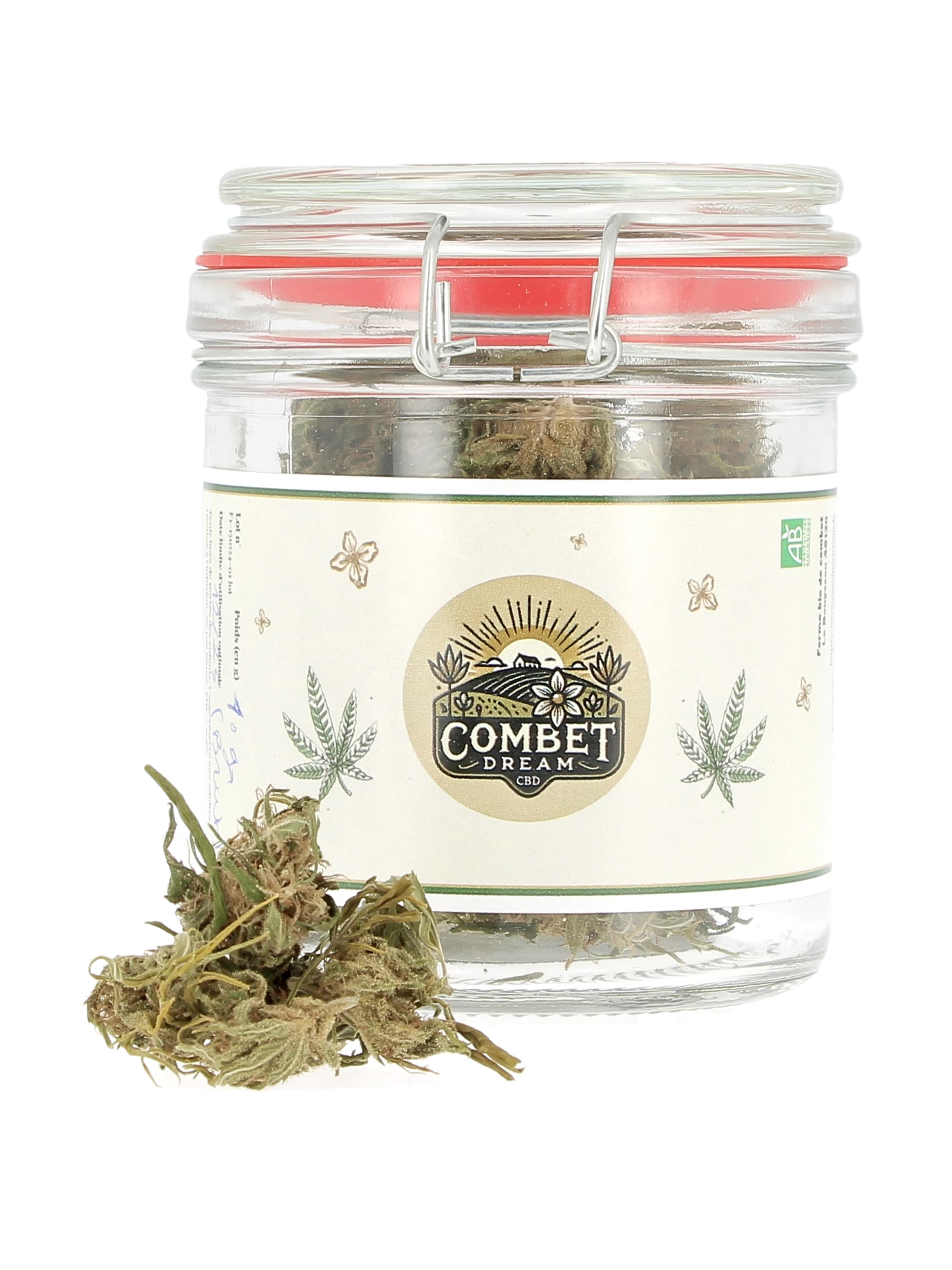 Fleurs de CBD Combet Dream Brut 10g exposées avec flacon – À La Civette Paris