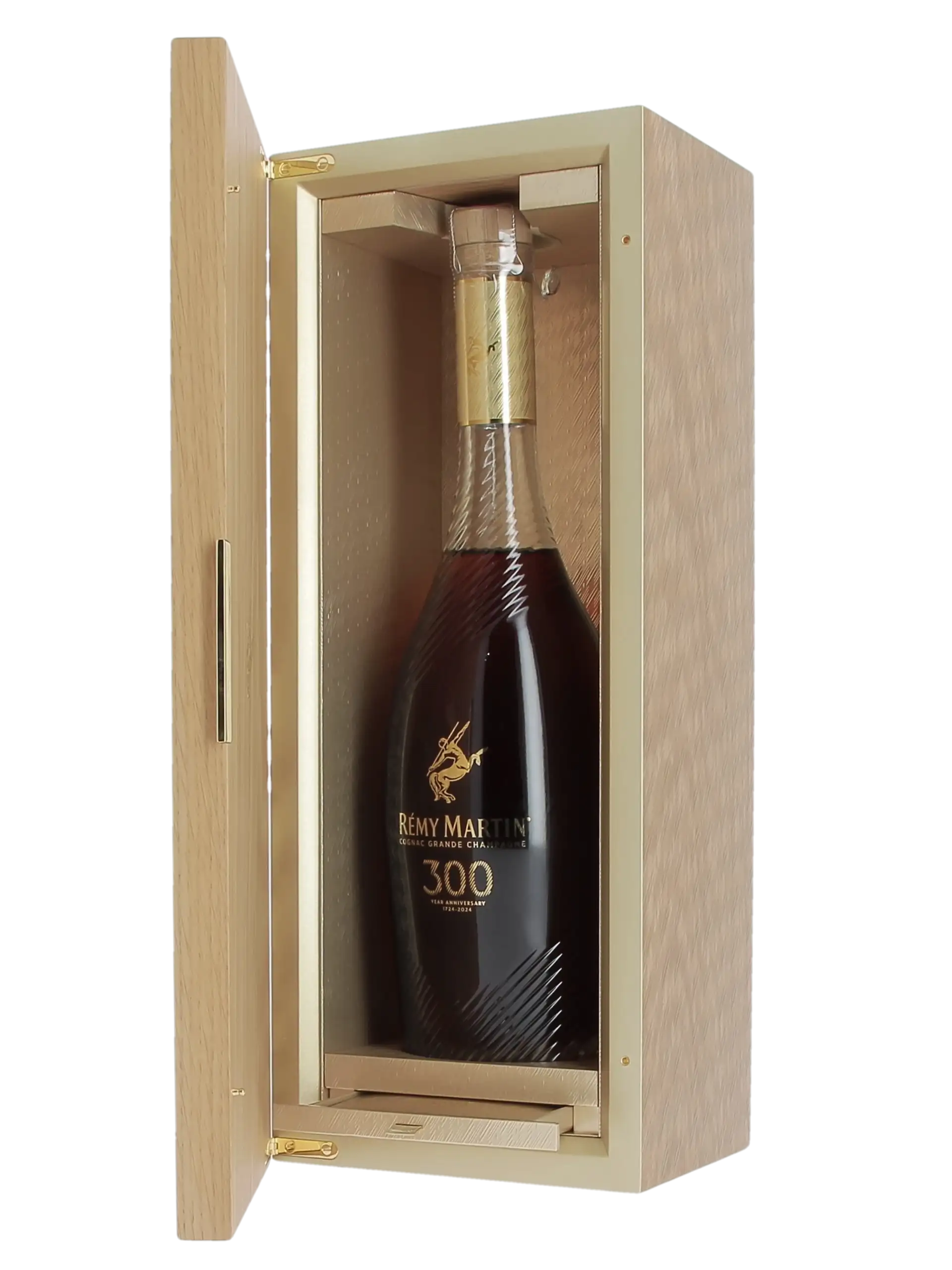 Coffret ouvert avec bouteille de cognac Rémy Martin 300e anniversaire Grande Champagne – À La Civette Paris
