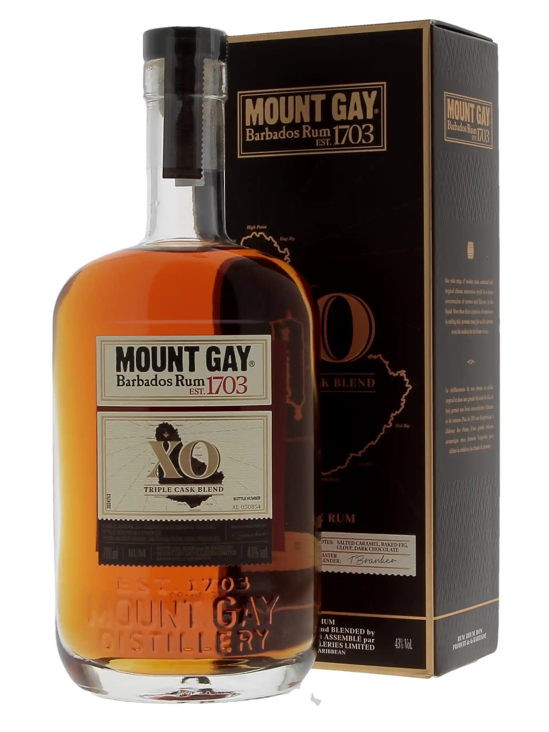 Boite et bouteille de rhum Mount Gay XO Triple Cask en présentation frontale – À La Civette Paris