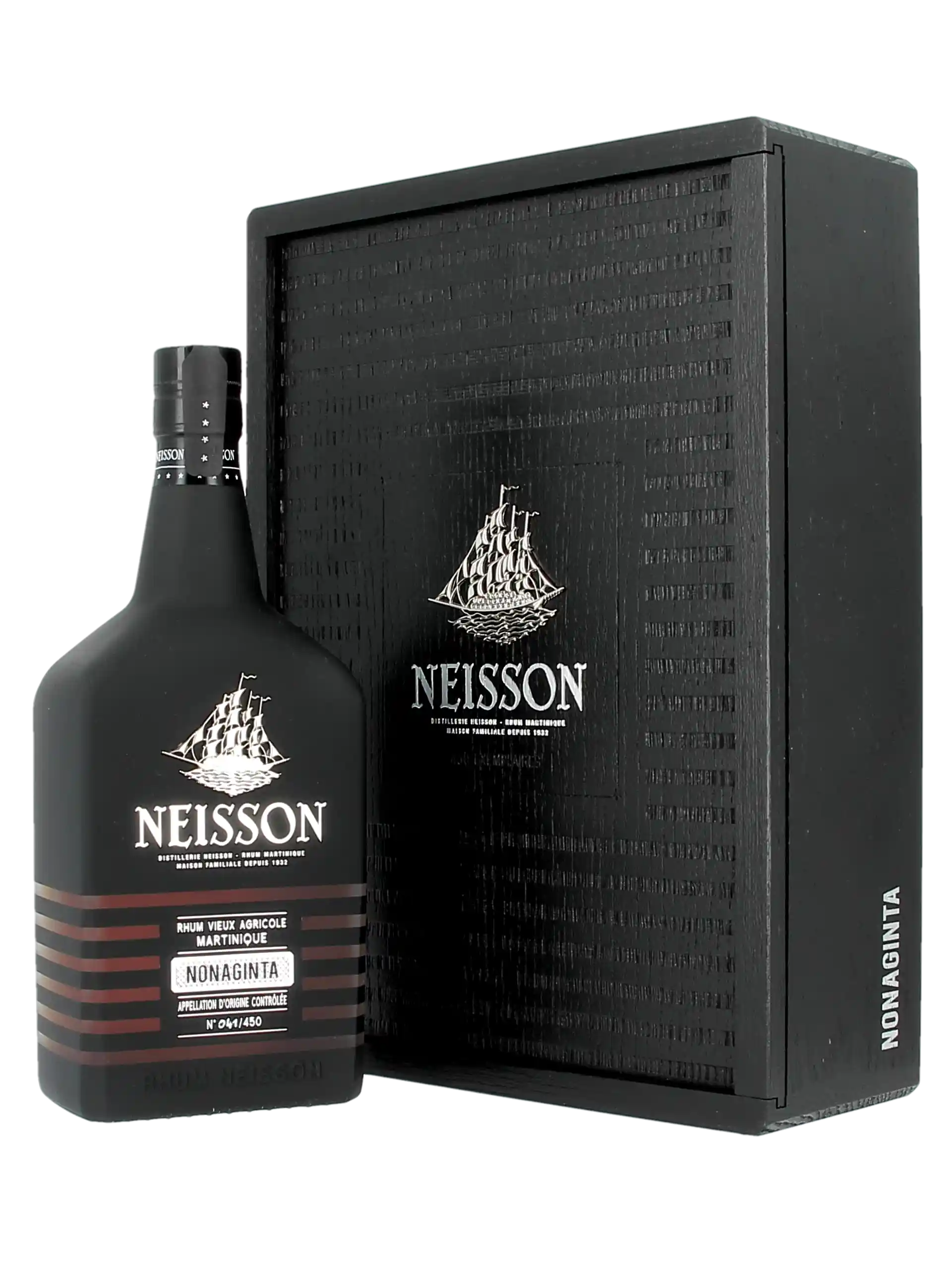 Coffret et bouteille du rhum Neisson Nonaginta en présentation frontale – À La Civette Paris