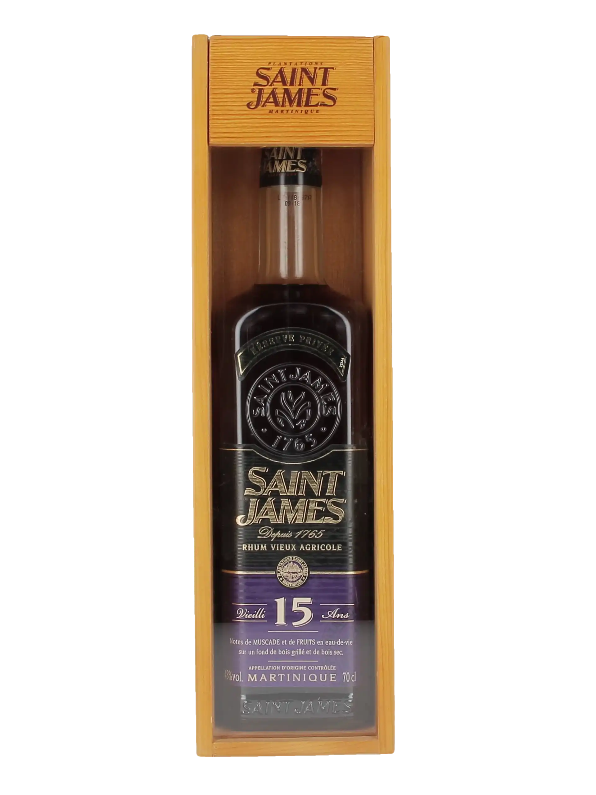 Bouteille et coffret du rhum Saint James 15 ans – vue de face – A La Civette