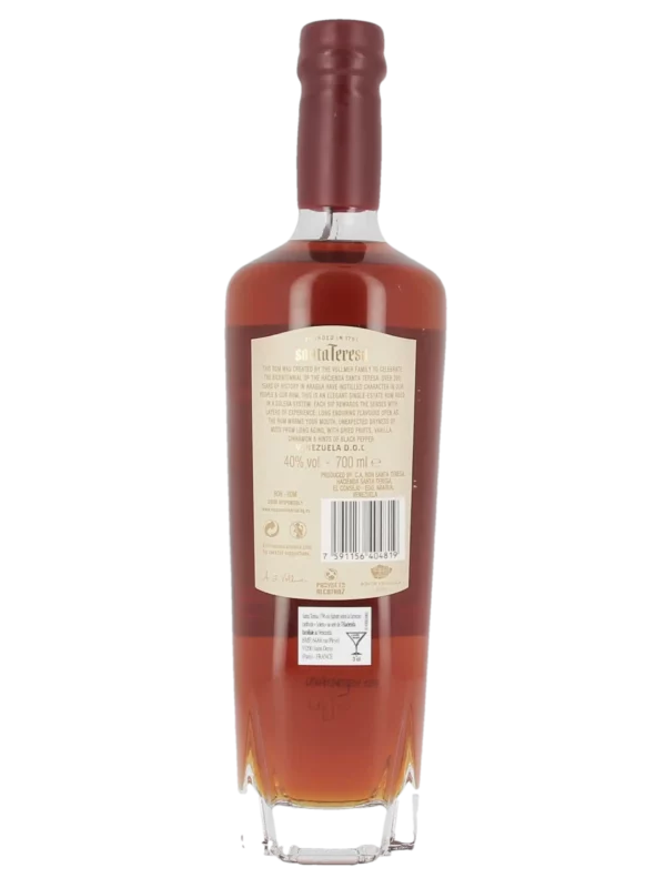 Dos de la bouteille de rhum Santa Teresa 1796 Solera Rum – A La Civette