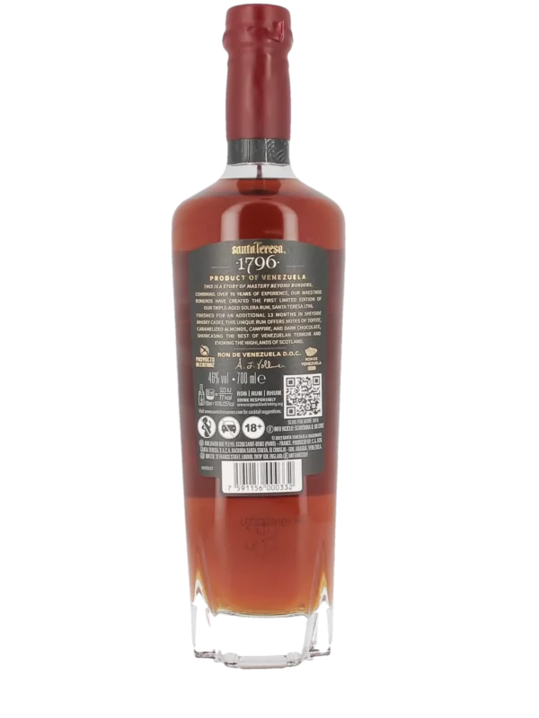 Dos de la bouteille de rhum Santa Teresa 1796 Triple Aged Solera – A La Civette