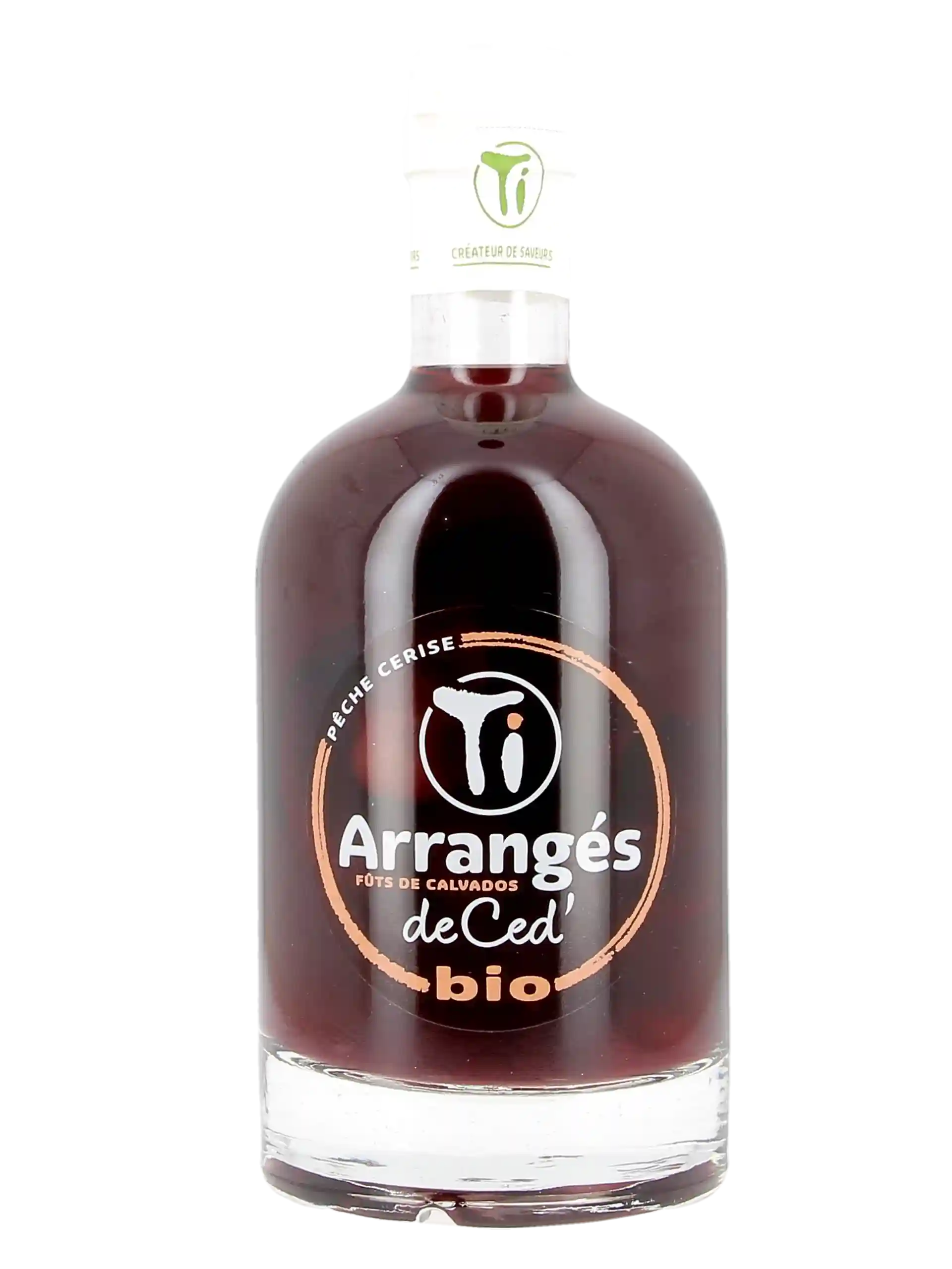 Vue de face de la bouteille de rhum Ti Ced' Bio Pêche Cerise – Rhum arrangé français premium