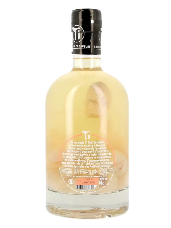 Vue arrière de la bouteille de rhum Ti Ced' Litchi Tangelolo – Rhum arrangé artisanal français