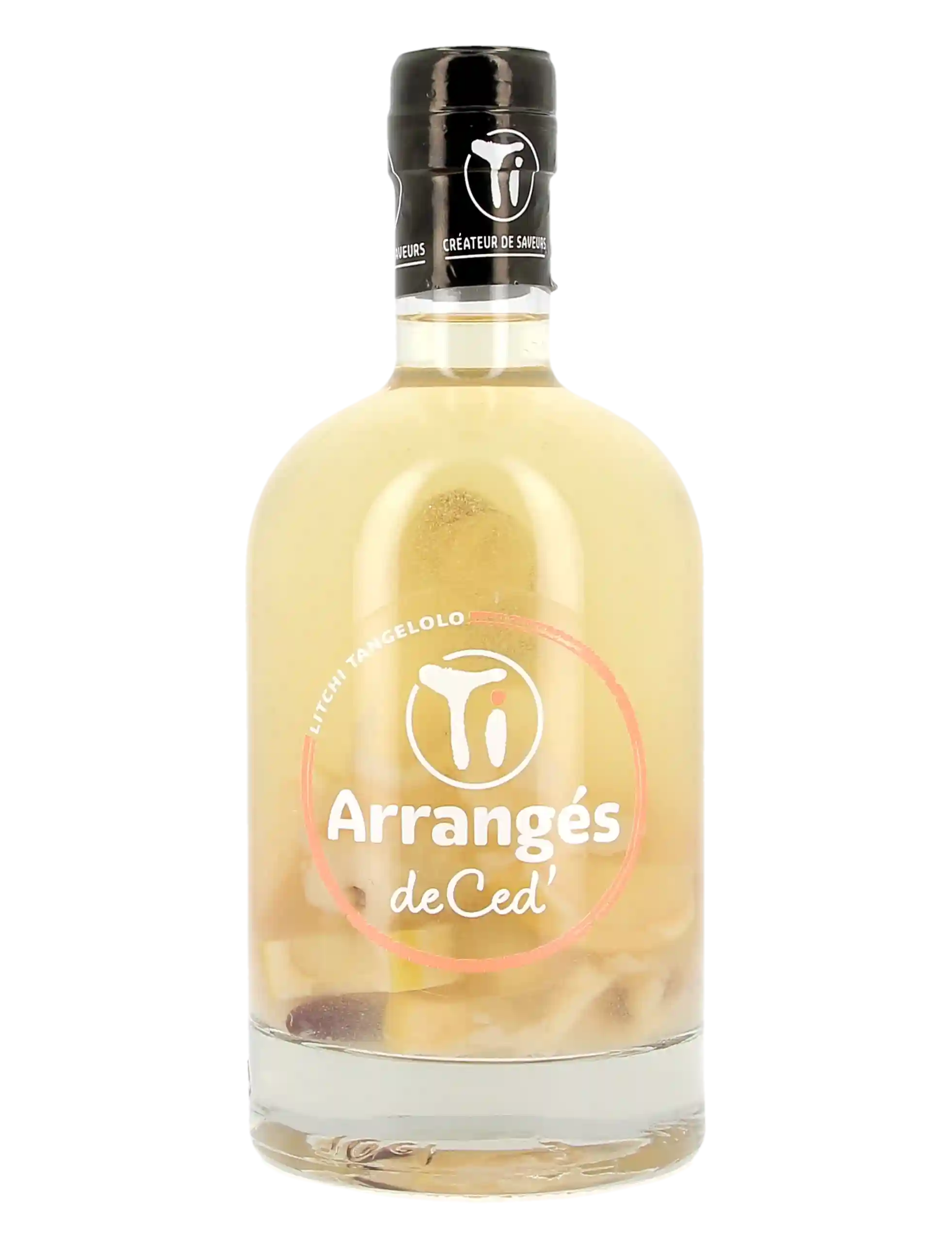 Vue de face de la bouteille de rhum Ti Ced' Litchi Tangelolo – Spiritueux premium aux fruits exotiques