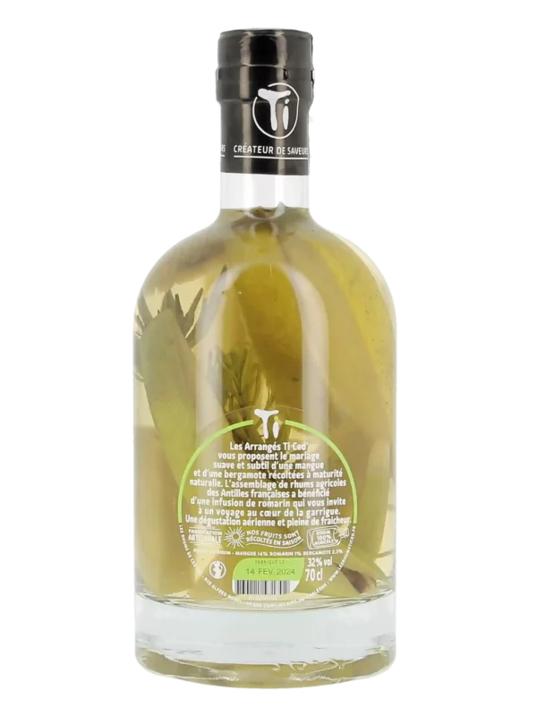 Vue arrière de la bouteille de rhum Ti Ced' Mangue Romarin Bergamote – Rhum arrangé artisanal
