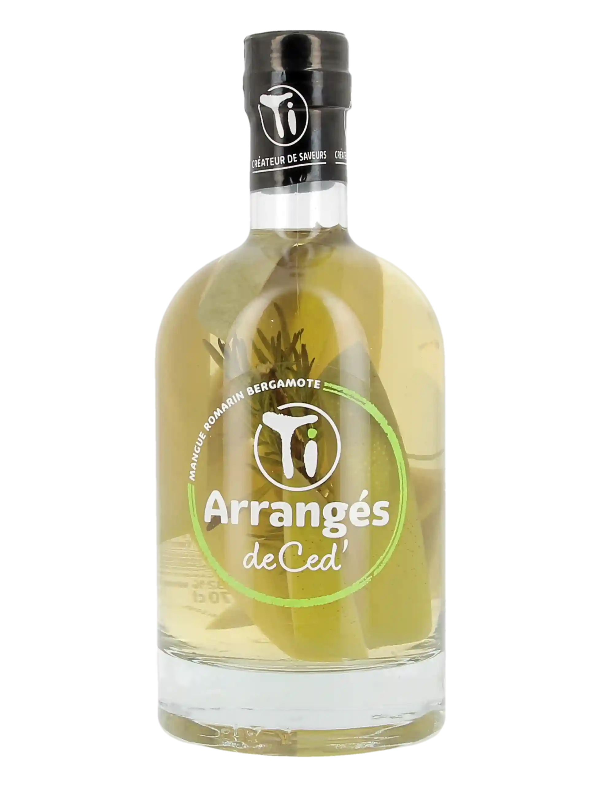 Vue de face de la bouteille de rhum Ti Ced' Mangue Romarin Bergamote – Rhum fruité et aromatique haut de gamme
