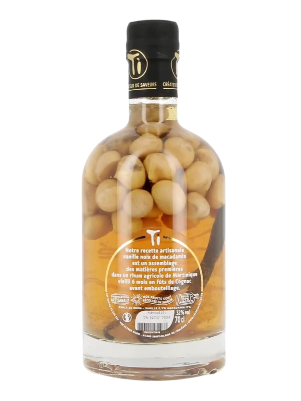 Vue arrière de la bouteille de rhum Ti Ced' Vieilli Vanille Noix de Macadamia – Rhum arrangé vieilli artisanal