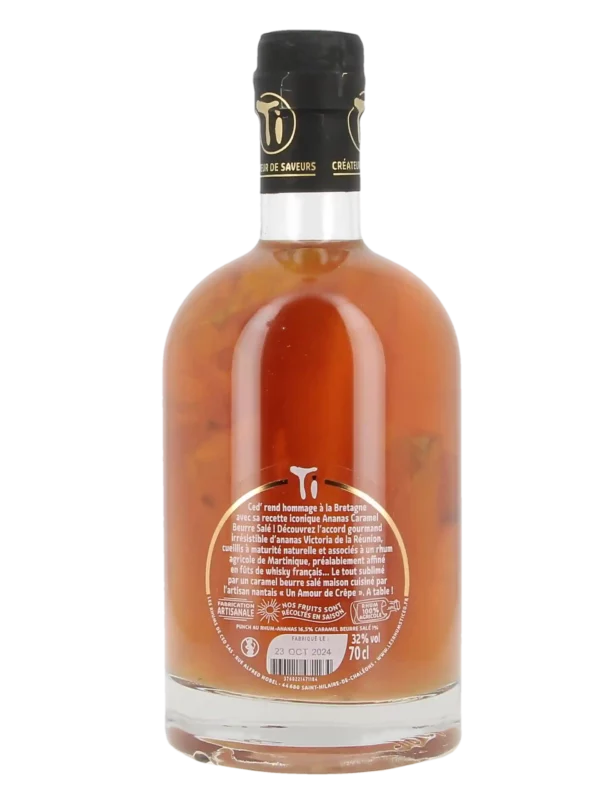 Vue arrière de la bouteille de rhum Ti Ced' Ananas Caramel Beurre Salé – Rhum arrangé artisanal français