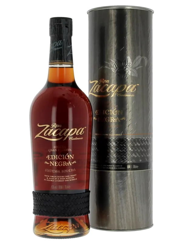 A-La-Civette-Spiritueux-Rhum-Zacapa-Edicion-negra-boite-bouteille-face Bouteille et coffret du rhum Zacapa Edición Negra – vue de face – A La Civette