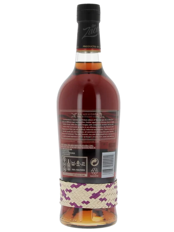 Vue arrière de la bouteille de rhum Zacapa La Armonía 23 ans – A La Civette