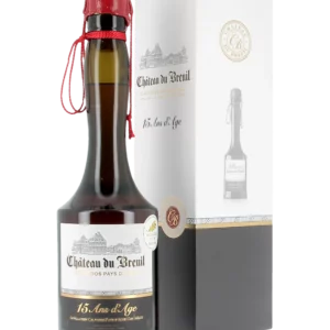 Calvados Château du Breuil 15 ans avec sa boîte et sa bouteille en présentation face avant