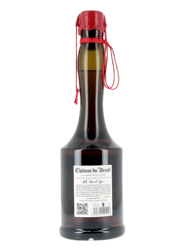 Dos de l’emballage du Calvados Château du Breuil 15 ans vendu chez À La Civette Paris