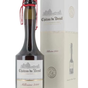 Calvados Château du Breuil millésime 2000 avec boîte et bouteille présentées de face