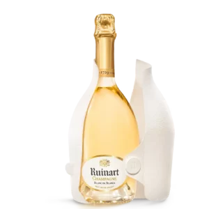 Étui ouvert du Champagne Ruinart Blanc de Blancs Brut révélant la bouteille, chez À La Civette