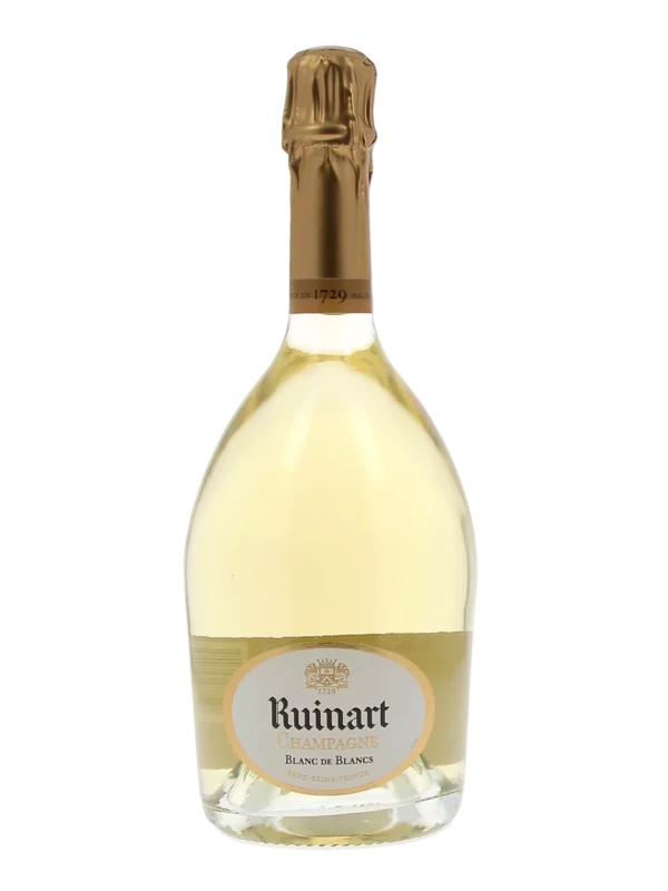 Face avant de la bouteille de Champagne Ruinart Blanc de Blancs Brut disponible chez À La Civette