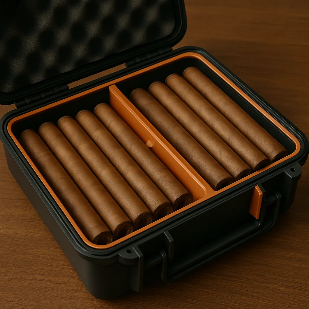 Cave à cigares de voyage ouverte présentant des cigares parfaitement conservés – La Civette Paris