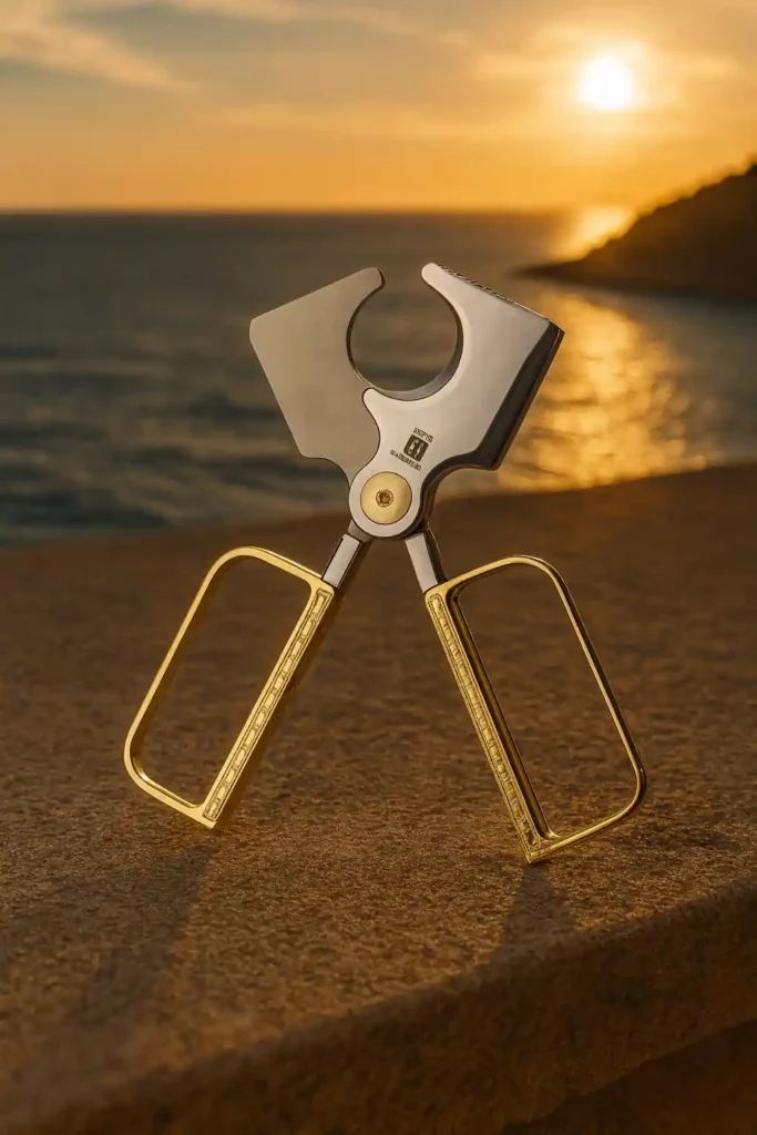 Coupe-cigare de luxe sur une terrasse face à la mer – accessoire de voyage élégant