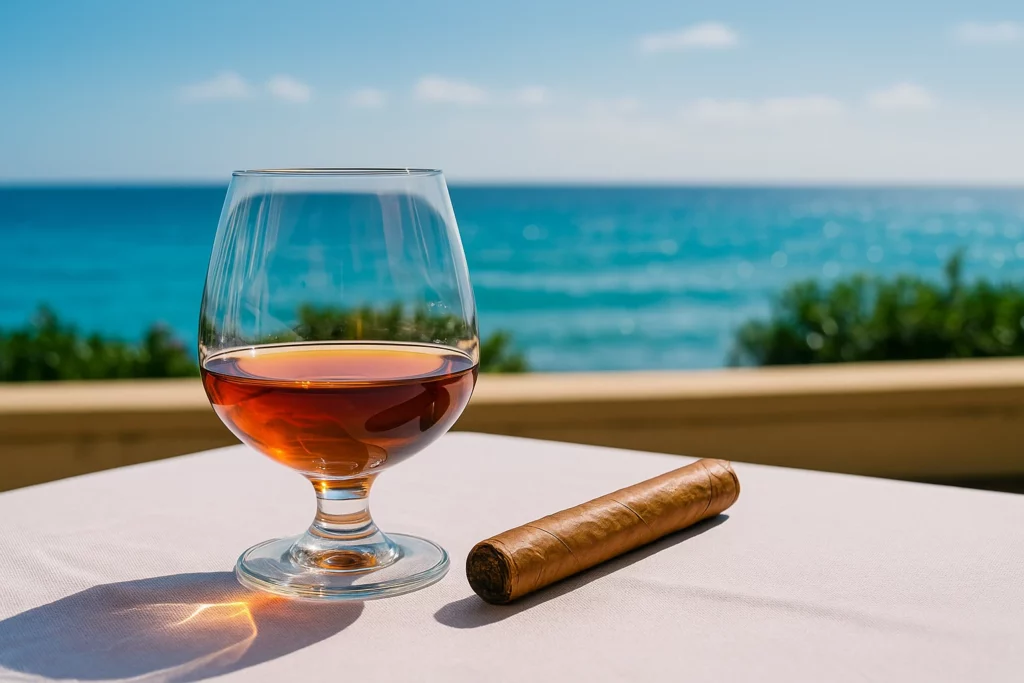 Dégustation de rhum de luxe en accord avec un cigare en vacances
