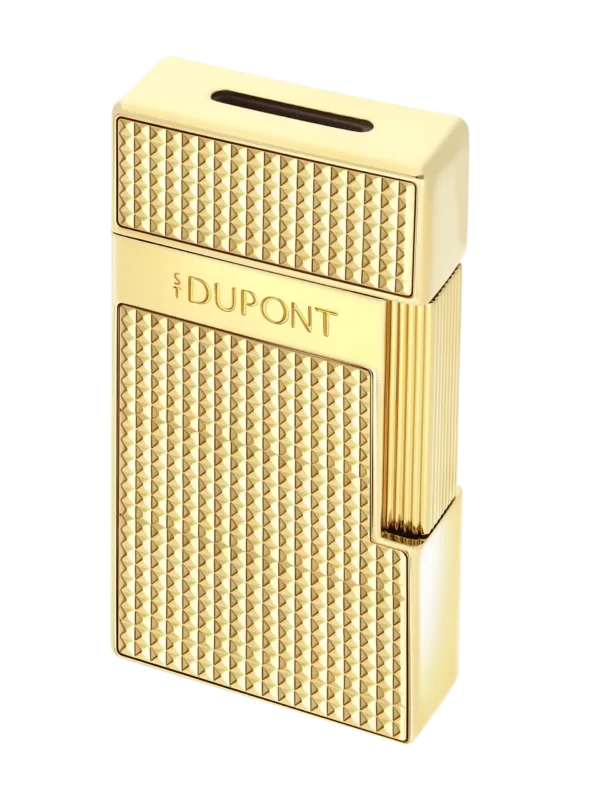 Briquet S.T. Dupont Biggy doré pointe de diamant – vue trois quarts, briquet de luxe pour amateurs de cigares.