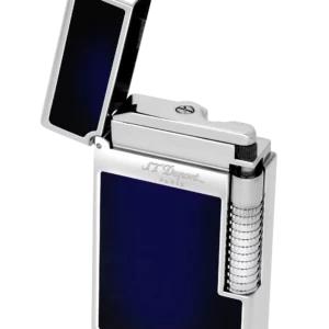 Briquet S.T. Dupont Le Grand Dupont Cling laque bleue et palladium – ouvert avec flamme