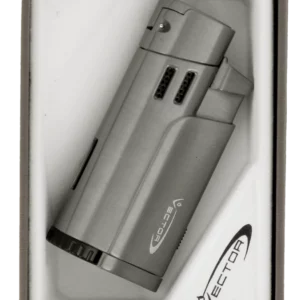Briquet Vector Throne finition gunmetal satiné – présenté dans sa boîte, accessoire haut de gamme pour cigares.