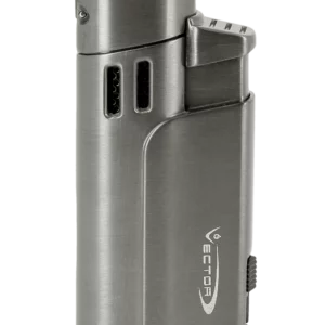 Briquet Vector Throne finition gunmetal satiné – vue avant, accessoire haut de gamme pour amateurs de cigares.