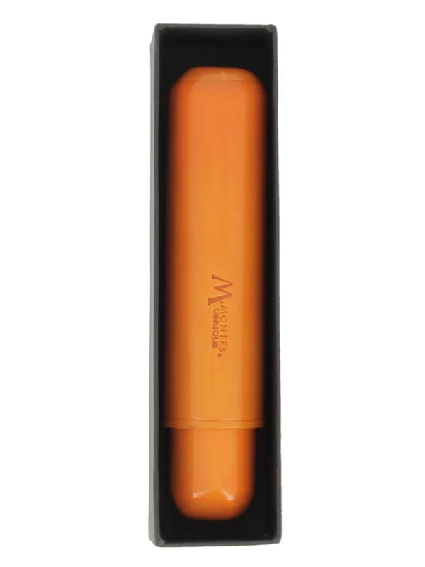 Étui à cigare Montes Amsterdam simple en cuir orange – avec sa boîte, accessoire haut de gamme.