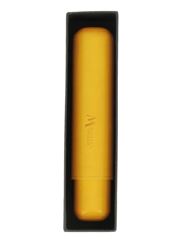 Étui à cigare Montes Bali simple en cuir jaune – avec sa boîte, accessoire élégant.