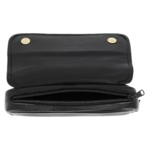 Vue dessus de la blague à tabac Dunhill cuir flap noir – Accessoire luxe pour pipe chez A La Civette