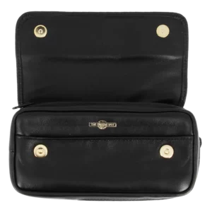 Blague à tabac Dunhill cuir flap noir ouverte vue de face – Accessoire haut de gamme pour pipe chez A La Civette