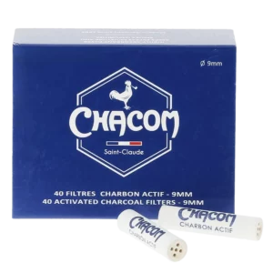 Boîte de filtres à pipe Chacom charbon 9 mm ouverte avec filtres visibles.