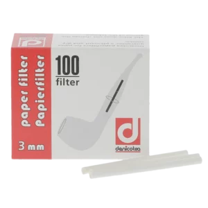 Boîte de 100 filtres à pipe Denicotea 3 mm ouverte avec filtres visibles.