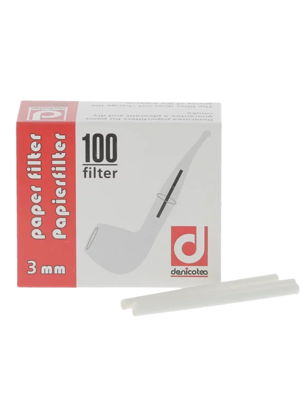 Boîte de 100 filtres à pipe Denicotea 3 mm ouverte avec filtres visibles.