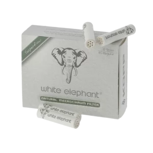 Boîte de 40 filtres à pipe White Elephant écume de mer 9 mm ouverte avec filtres visibles.