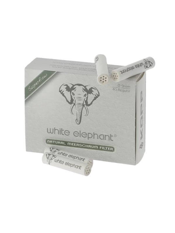 Boîte de 40 filtres à pipe White Elephant écume de mer 9 mm ouverte avec filtres visibles.