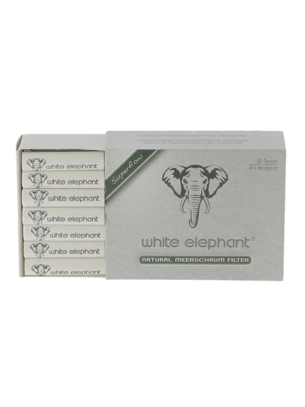 Boîte de 40 filtres à pipe White Elephant écume de mer 9 mm ouverte.