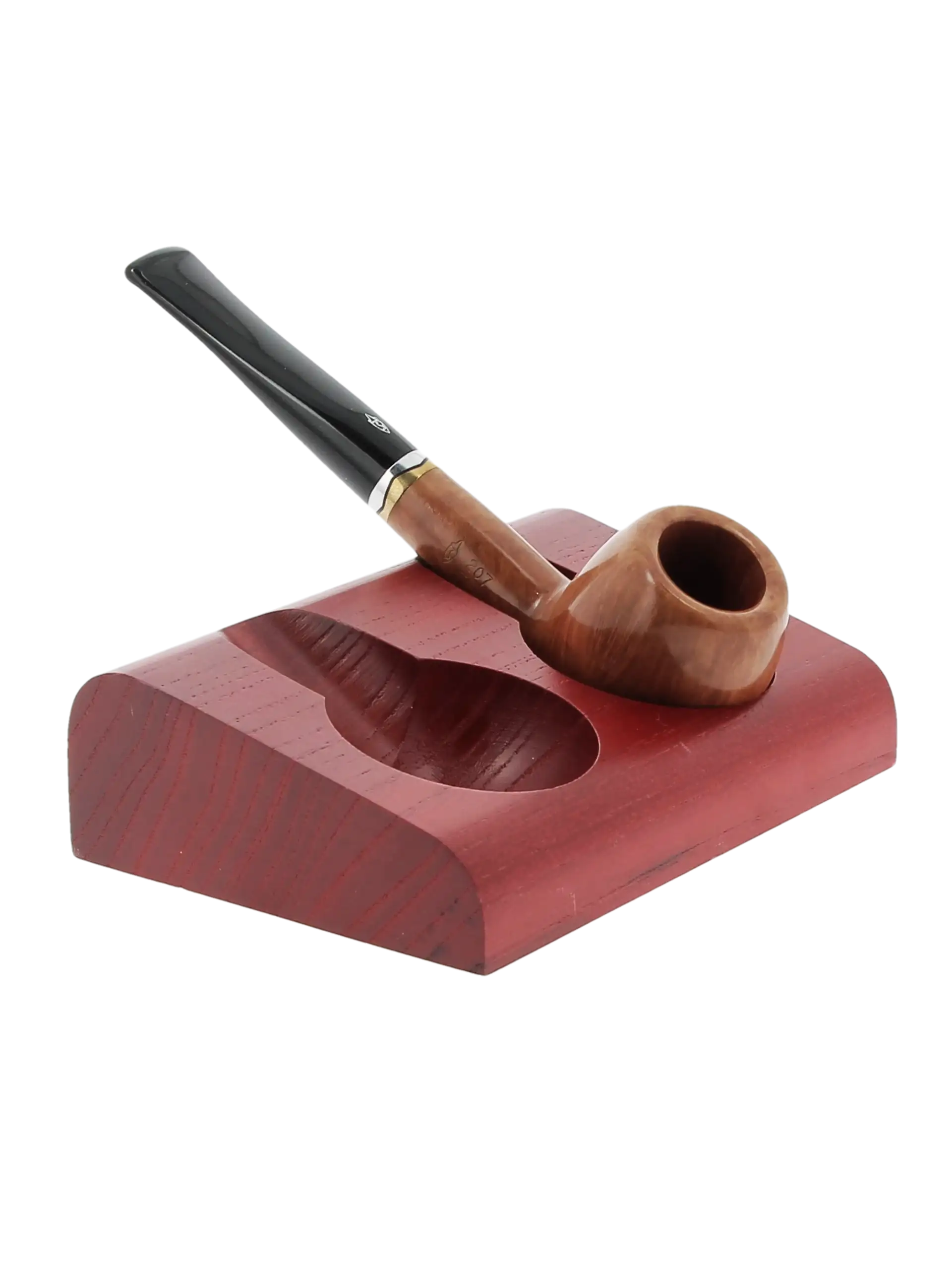 Porte-pipe Savinelli en bois rouge avec une pipe posée.