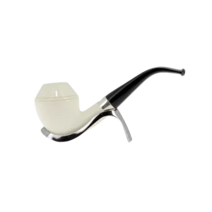Pipe En Écume De Mer Sculptée À La Main - Levent n°1 forme Bulldog courbée finition polie filtre 3 mm, vue de profil.