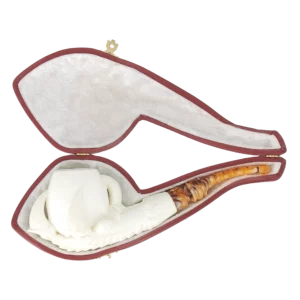 Pipe Levent écume de mer sculptée à la main – n°2 forme Œuf courbée finition sculptée filtre 3 mm, présentée dans sa boîte.