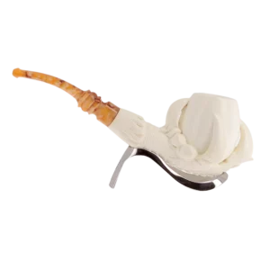 Pipe Levent écume de mer sculptée à la main – n°2 forme Œuf courbée finition sculptée filtre 3 mm, vue de profil inverse.