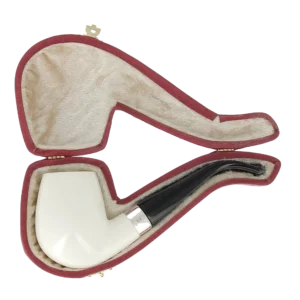 Pipe Levent écume de mer sculptée à la main – n°3 forme Œuf courbée finition polie filtre 3 mm, présentée dans sa boîte.