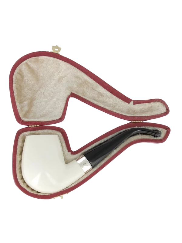 Pipe Levent écume de mer sculptée à la main – n°3 forme Œuf courbée finition polie filtre 3 mm, présentée dans sa boîte.
