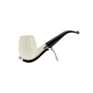 Pipe En Écume De Mer Sculptée À La Main - Levent n°3 forme Œuf courbée finition polie filtre 3 mm, vue de profil.