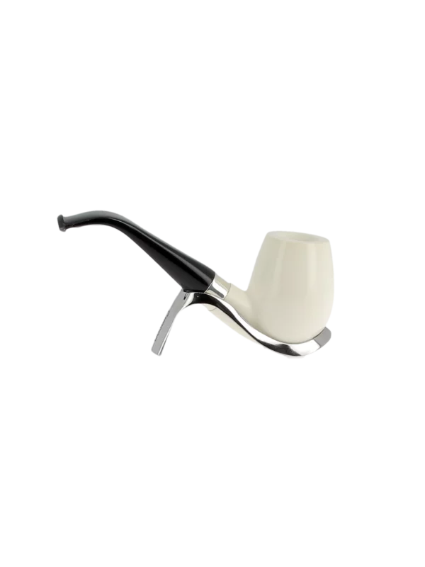 Pipe Levent écume de mer sculptée à la main – n°3 forme Œuf courbée finition polie filtre 3 mm, vue de profil inverse.